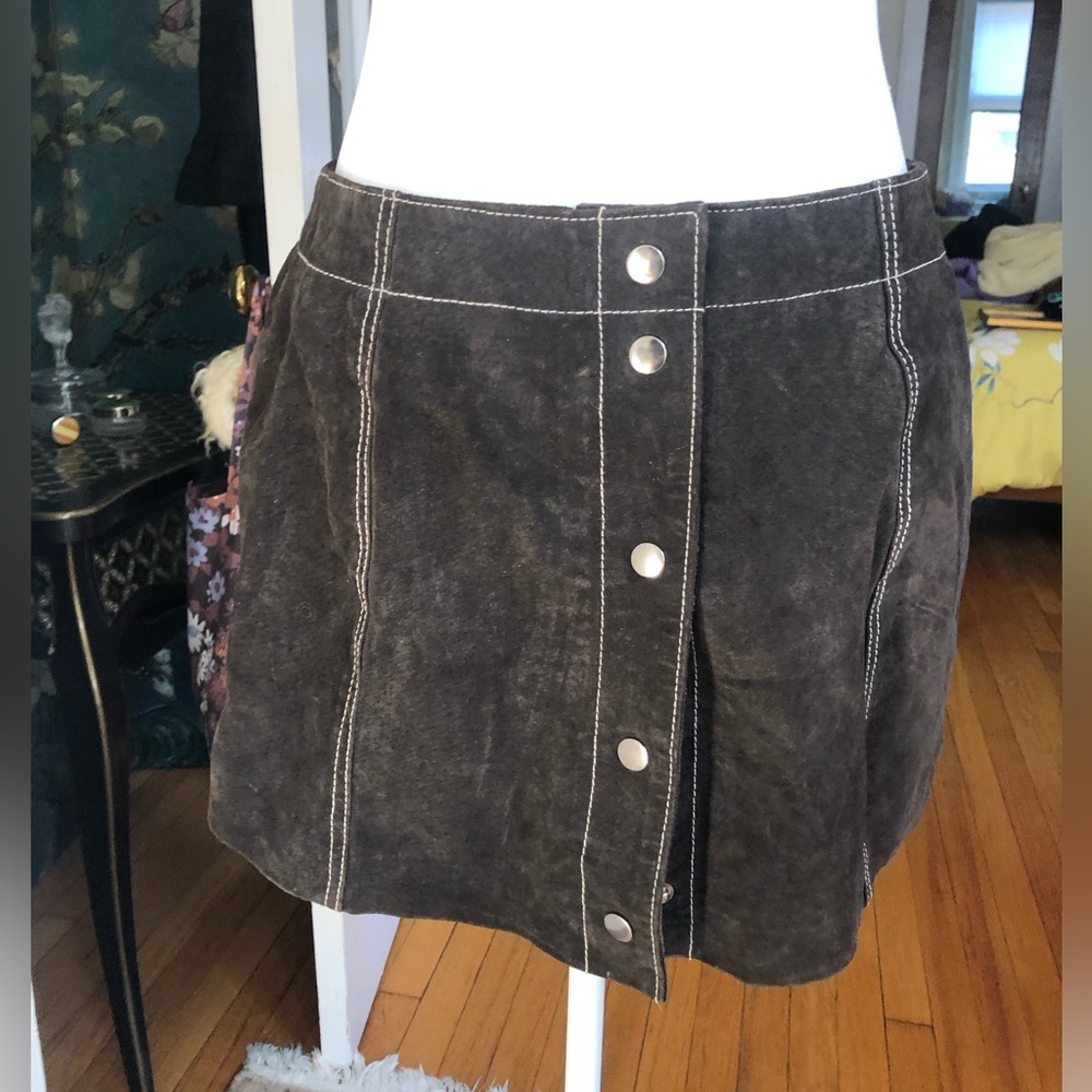 Brown leather suede snap up mini skirt